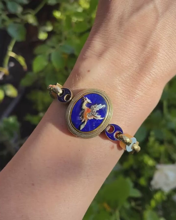 Victorian Enamel Phoenix Locket Bracelet with Enameled Mariner-Style Links