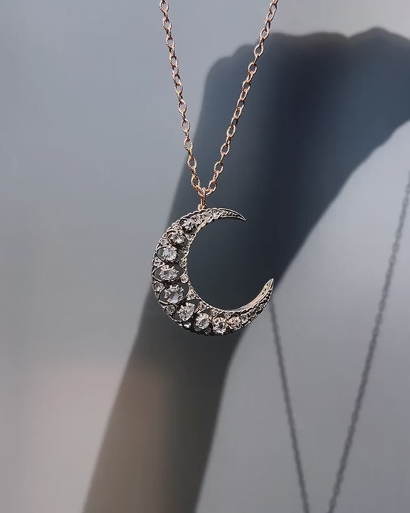 Victorian 1.30 Ctw. Rose Cut Diamond Crescent Moon Pendant Necklace