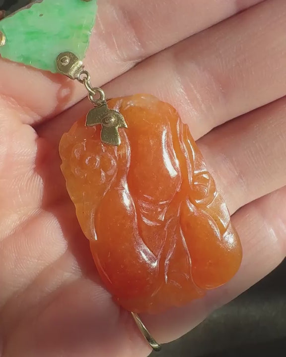 Victorian Carved Natural Green & Orange Jadeite Station Drop Necklace by Gumps