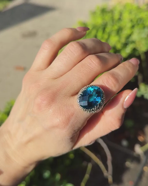 Vintage 'Icy' 23.00 Ct. Blue Topaz & 1.65 Ctw. Diamond Cocktail Ring