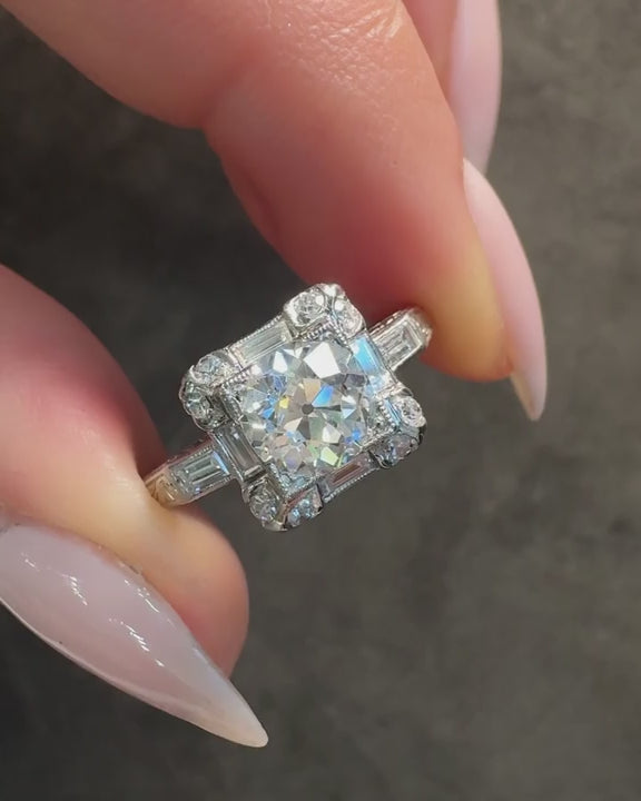 Art Deco 1.11 Ct. Old European Cut Diamond Square-Motif Engagement Ring