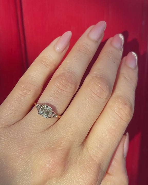 Art Deco 1.15 Ct. Emerald Cut Fancy Brownish Greenish Yellow Diamond Ring