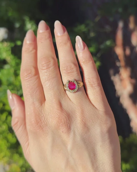 Victorian 1.00 Ct. Oval Cut Burma Ruby & Diamond Horseshoe Ring