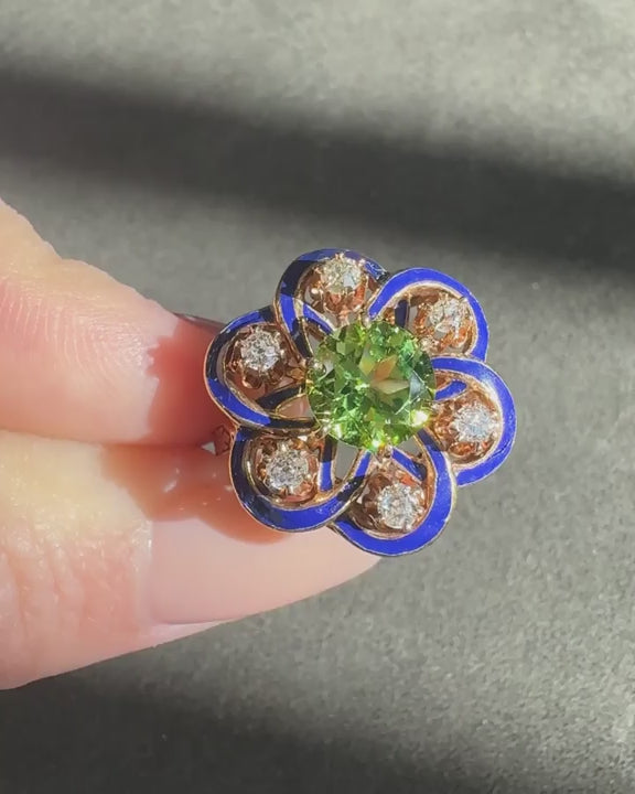 Victorian 1.85 Ct. Peridot, Diamond, & Blue Enamel Ornate Dinner Ring