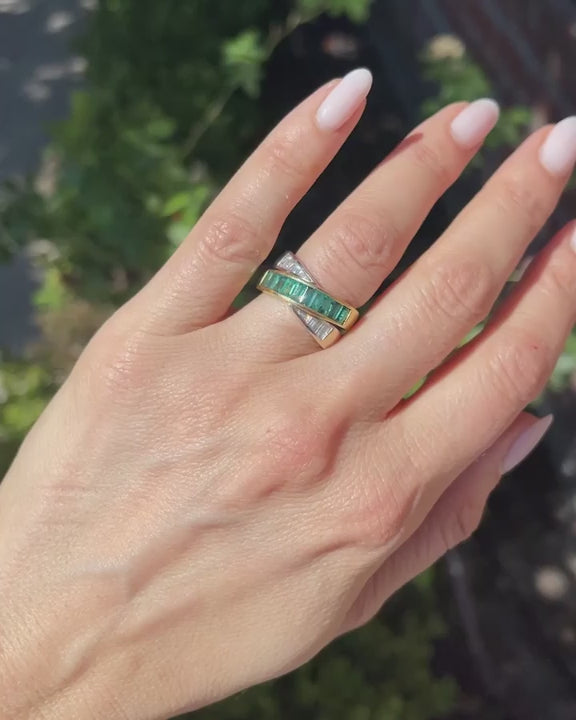 Vintage 1.00 Ctw. Emerald & 0.36 Ctw. Baguette Cut Diamond Bypassing Two-TonRing