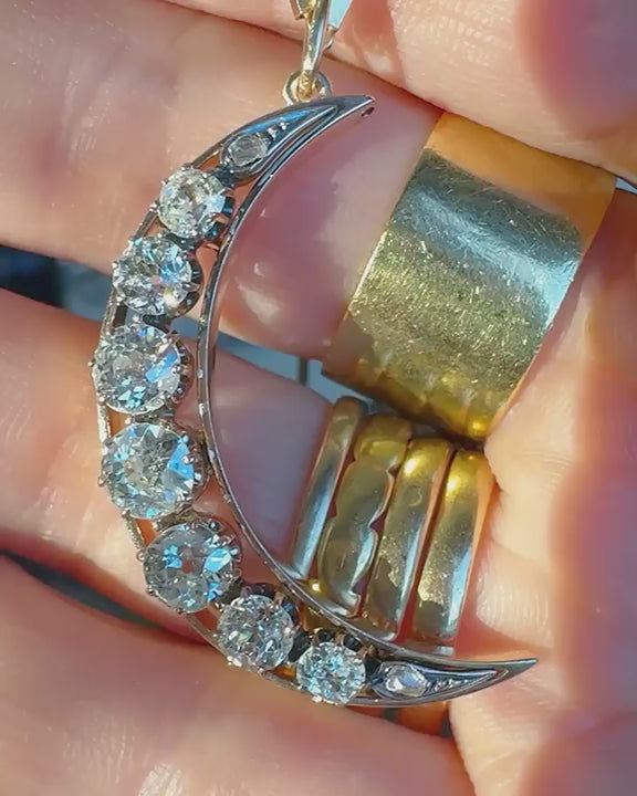 Victorian Old Cut Diamond Crescent Moon Pendant Necklace