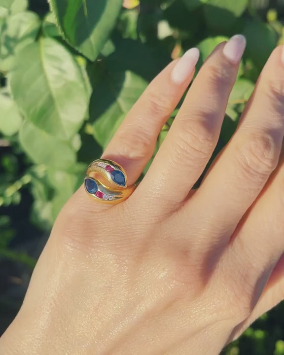 Vintage Sapphire, Ruby, & Diamond Bypassing Double Snake Ring