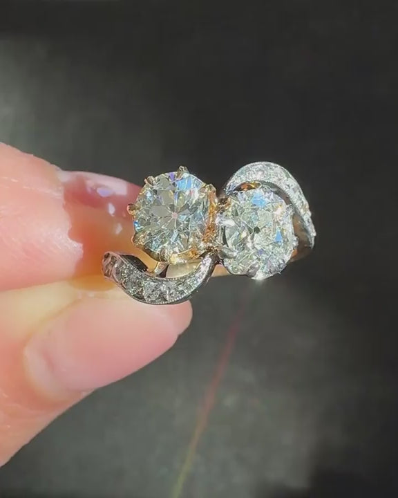 Edwardian 0.91 Ct. & 0.65 Ct. Old Mine Cut Diamond Toi et Moi Ring