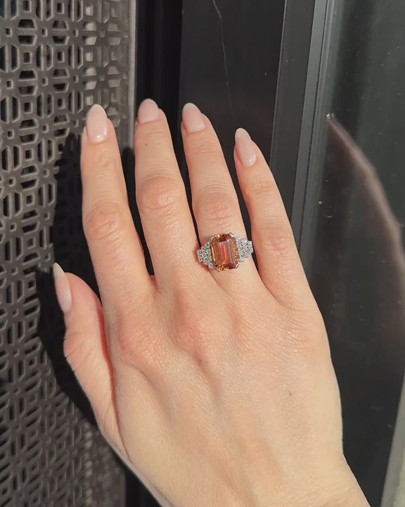 Video of Mid-Century Vintage 5.56 Ct. Orange Topaz & Diamond Dinner Ring on woman's hand