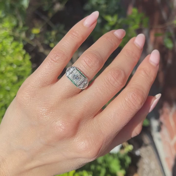 Art Deco 1.11 Ct. Old European Cut Diamond & Emerald Engagement Ring