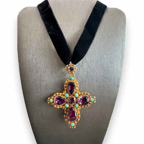 Georgian Amethyst & Turquoise Cannetille Cross Pendant Choker Necklace