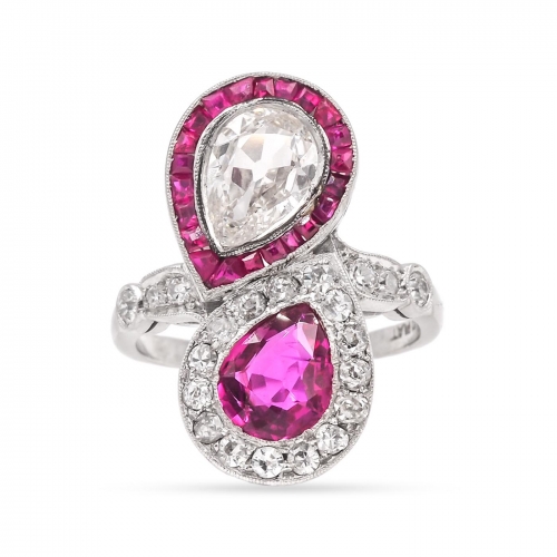Art Deco Pear-Shaped 1.38 Carat Ruby & 0.90 Carat Antique Diamond 2-Stone Ring