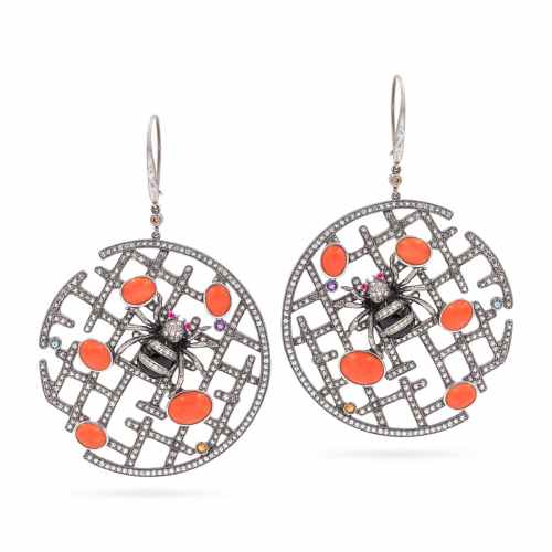 Coral & Quartz Spiderweb Earrings by Lydia Courteille