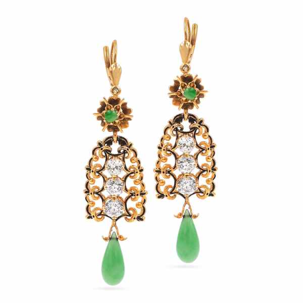 Art Nouveau Diamond & Jade Drop Earrings