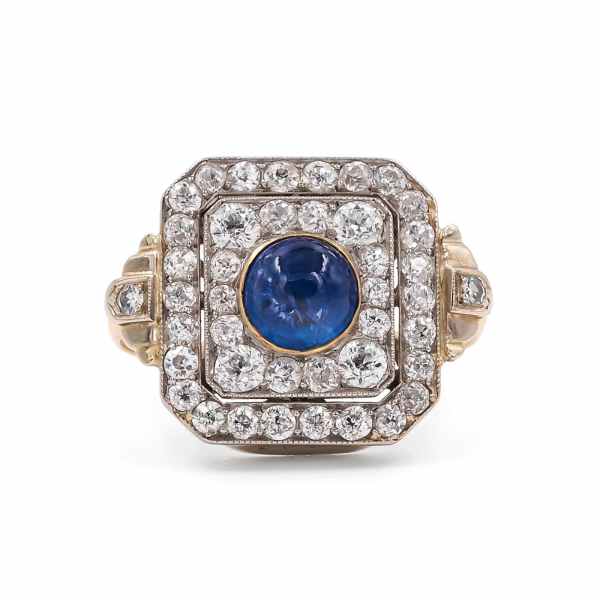 Art Deco 1.47 Carat Sapphire & Old European Cut Diamond Dinner Ring