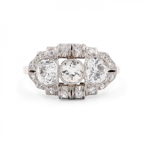 Art Deco 1.70 Carat Total Weight Old Cut Diamond 3-Stone Ring