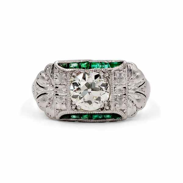 Art Deco 1.11 Ct. Old European Cut Diamond & Emerald Engagement Ring