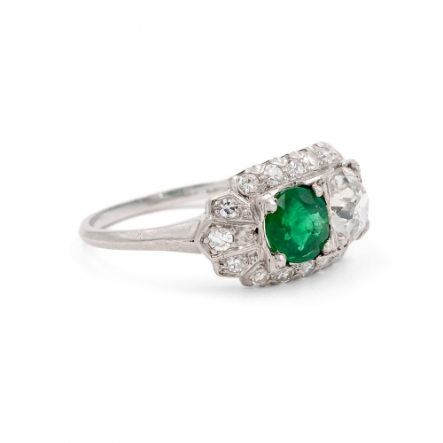 Art Deco Old Mine Cut Diamond & Emerald 2-Stone Ring