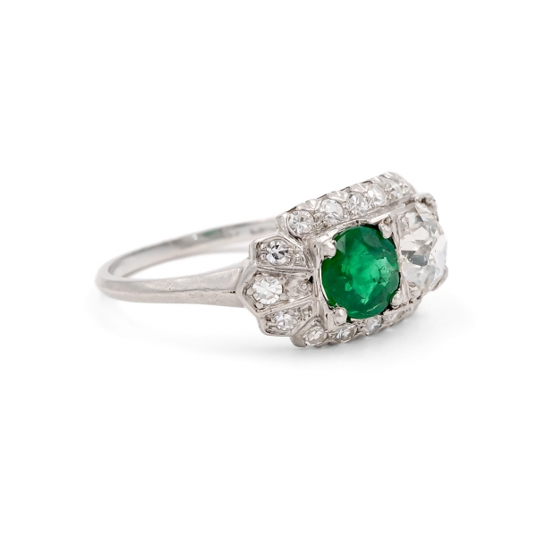 Art Deco Old Mine Cut Diamond & Emerald 2-Stone Ring – Platt Boutique ...