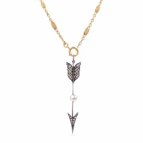 Victorian Diamond & Pearl Arrow Pendant on a French Gold Chain