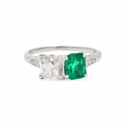 Art Deco French Cut Diamond & Emerald Toi et Moi Engagement Ring by Traub Mfg. Co.