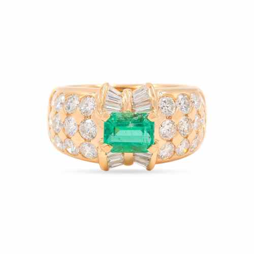 Vintage 1.13 Carat Emerald Cut Emerald & Diamond Dome Ring