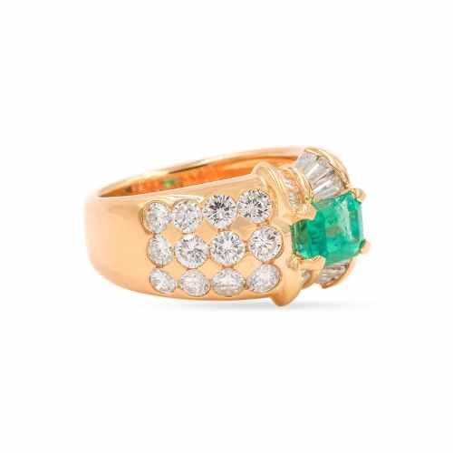 Vintage 1.13 Carat Emerald Cut Emerald & Diamond Dome Ring