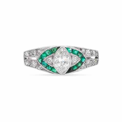 Art Deco 0.55 Carat Moval Cut Diamond & Emerald Engagement Ring