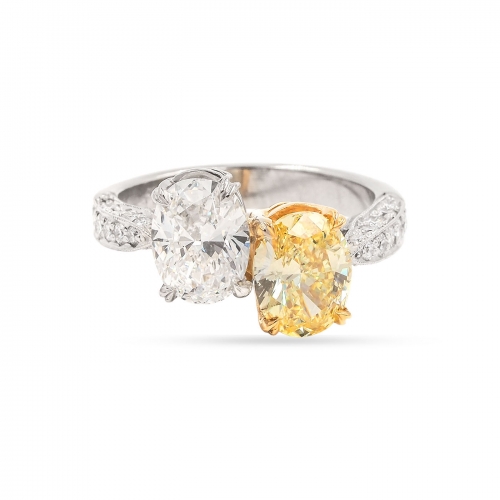 Contemporary Oval Cut Yellow & White Diamond Toi et Moi Engagement Ring