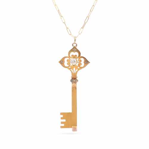 Victorian 0.35 Carat Old Mine Cut Diamond Key Pendant Necklace