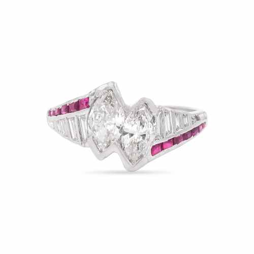 Art Deco 1.00 Ctw. Marquise Cut Diamond & Ruby Toi et Moi Engagement Ring