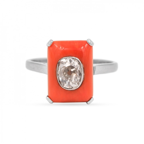 Art Deco 0.75 Carat Old Mine Cut Diamond & Coral Ring by Broudarge Paris