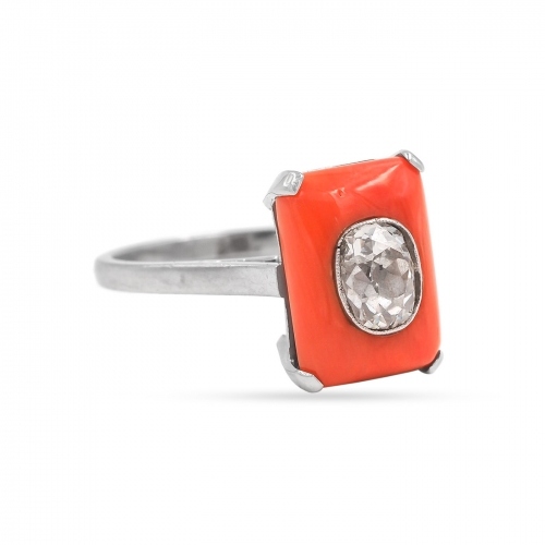 Art Deco 0.75 Carat Old Mine Cut Diamond & Coral Ring by Broudarge Paris
