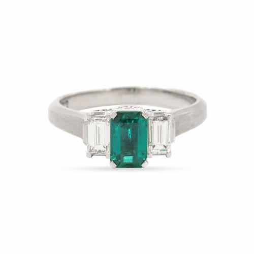 Mid-Century 0.53 Carat Emerald & Baguette Cut Diamond 3-Stone Ring