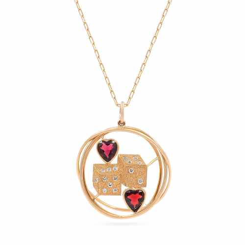 Mid-Century Garnet Hearts & Dice Pendant Necklace by Ruser
