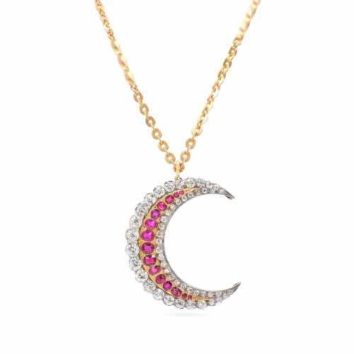 Edwardian 4.18 Ctw. Diamond & Ruby Crescent Moon Pendant Necklace